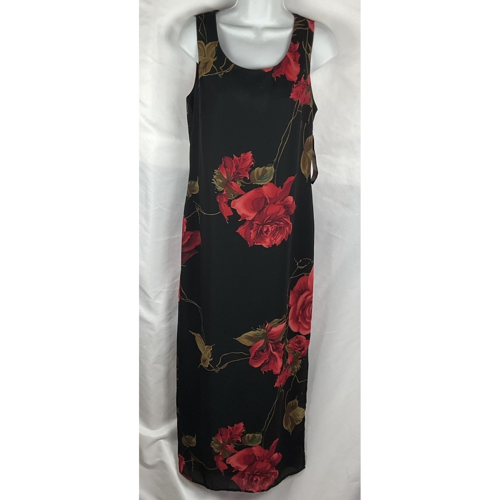 Russell Kemp NY Women's Size 8T Black Red Rose Floral Sleeveless Maxi Long Dress